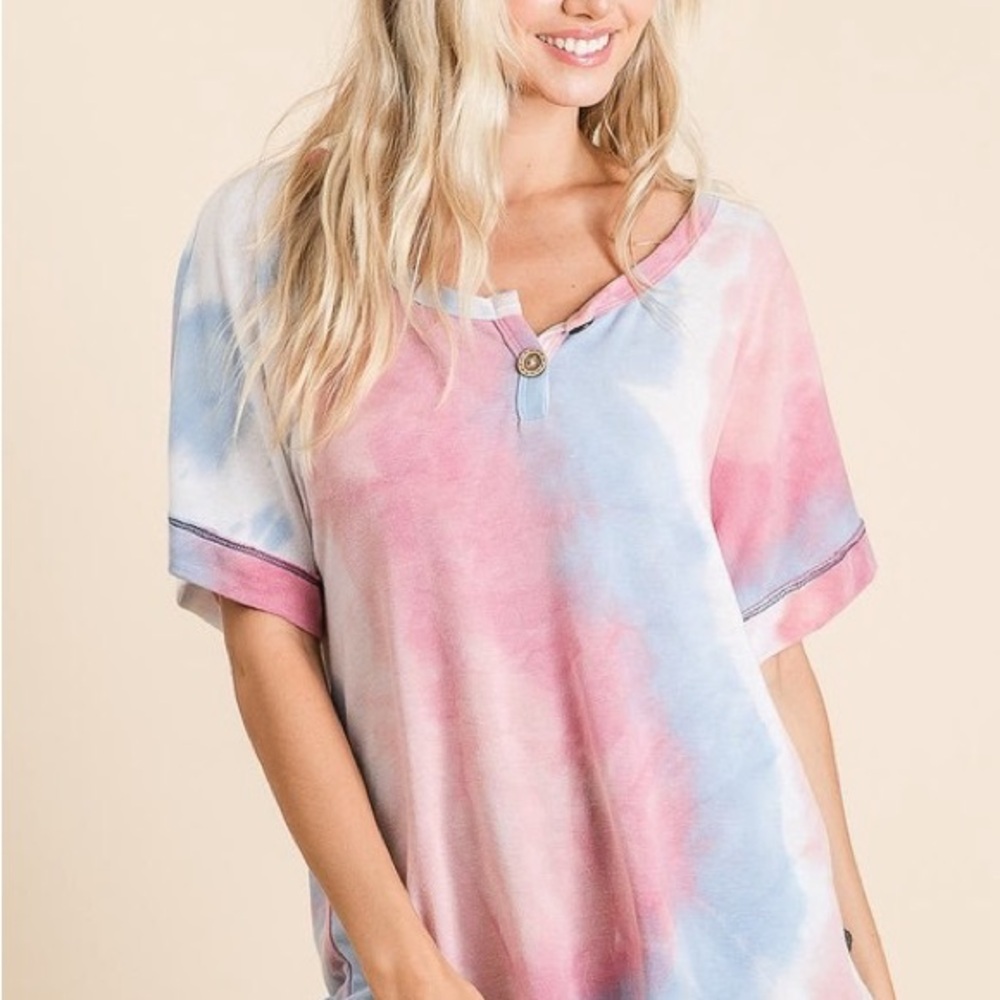 Pink and Blue Tie-Dye Short Sleeve Top